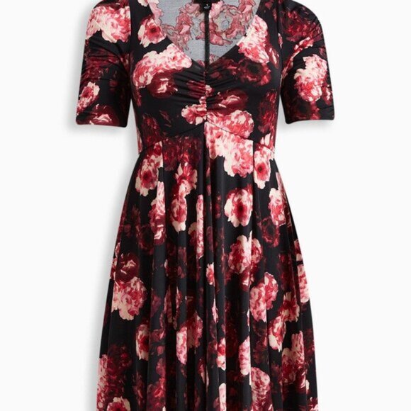 Torrid Cinch Front Skater Mini Dress Bodycon Puff Sleeve Pink Floral Siz… - Picture 2 of 8